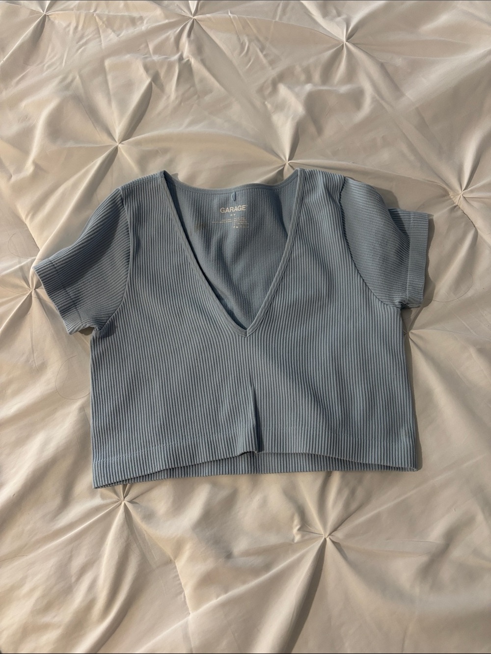 Garage Ribbed V-Neck Crop Top in Dusty Blue
